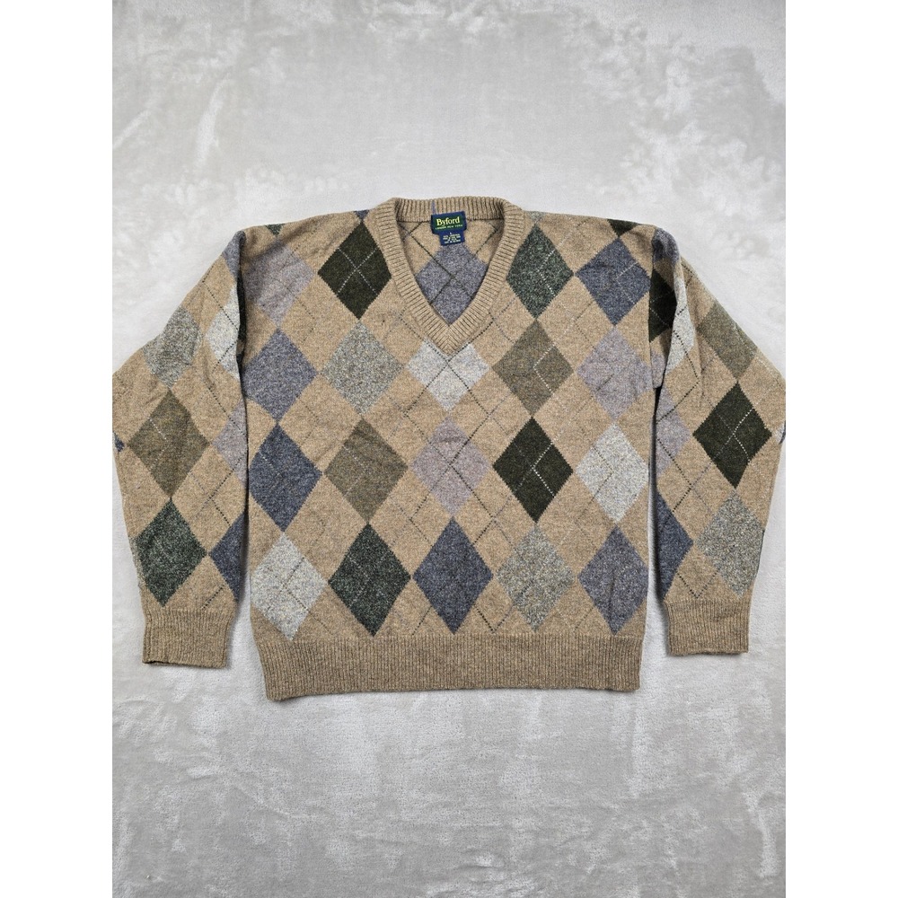 Vintage Byford V-Neck Sweater Mens L Argyle‎ 100% Lambswool Knit *Read